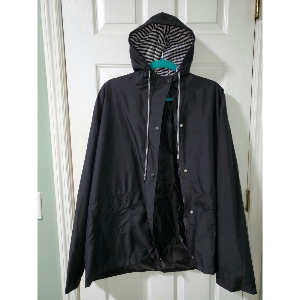 Mens Black Hooded Windbreaker Jacket Striped Hood Lining Size 5XL
